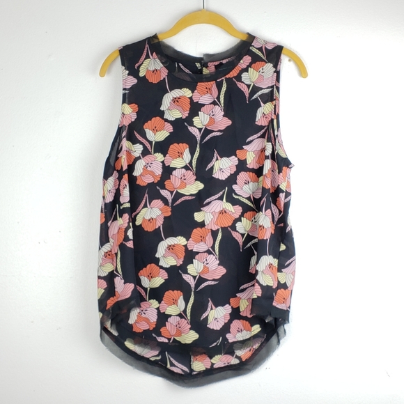Who What Wear Tops - Who What Wear Black w/ Pink Poppies Chiffon Tank